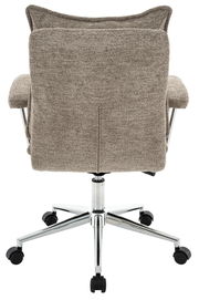 Rückansicht eines Home Office Drehstuhls mit grauem Stoffbezug und verchromtem Fußkreuz auf Rollen.