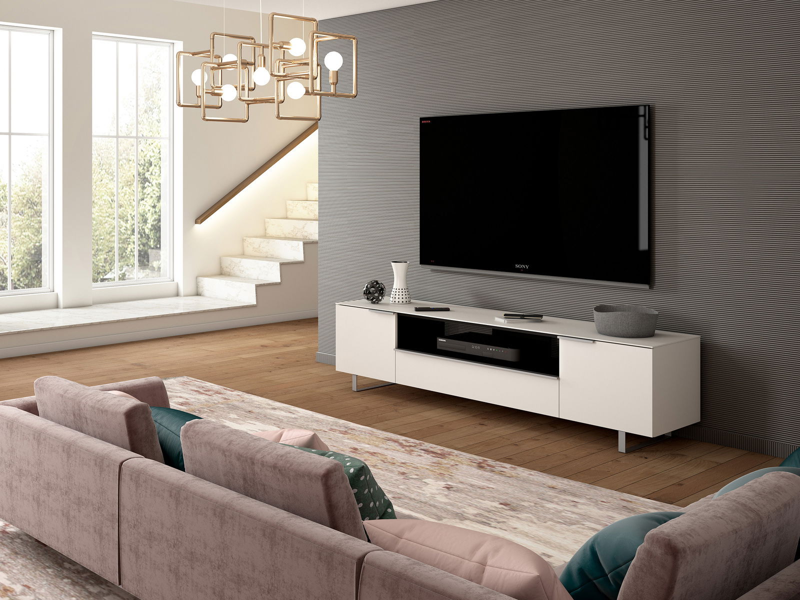 Modernes XL-TV-Lowboard in einem stilvollen Wohnzimmer, seitliche Perspektive