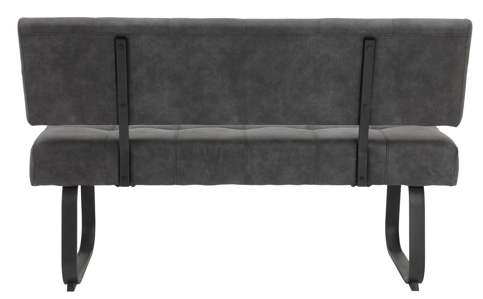 Rückansicht einer modernen grauen Bank mit Metallbeinen und gepolsterter Rückenlehne.