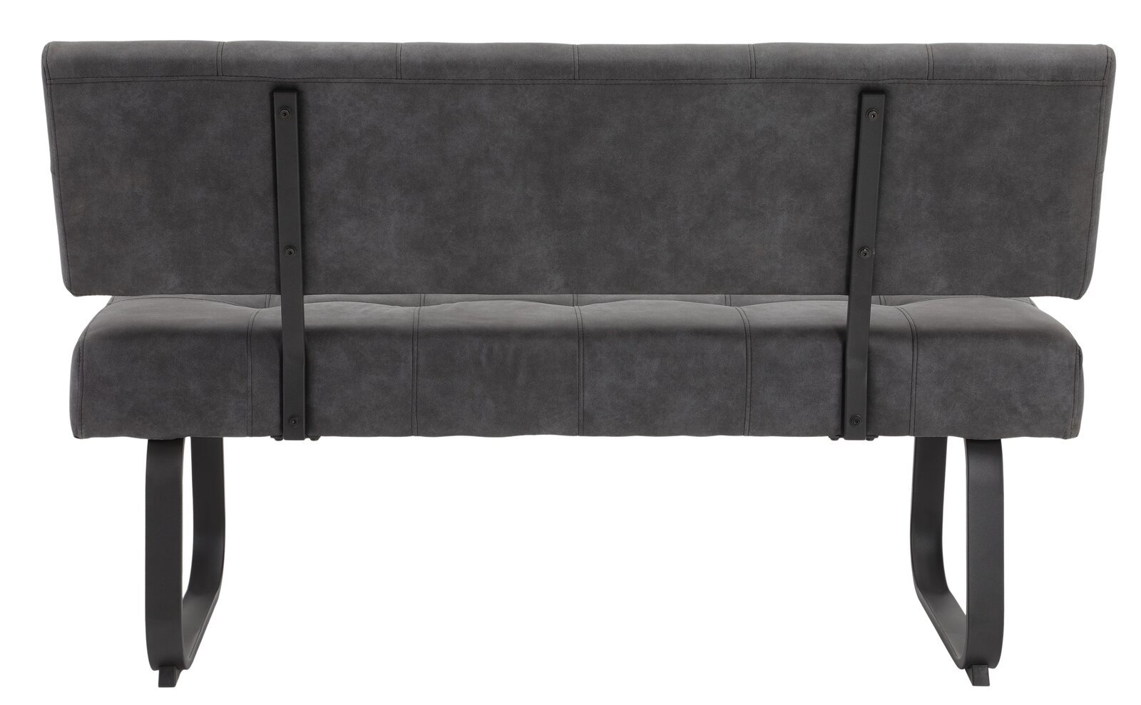 Rückansicht einer modernen grauen Bank mit Metallbeinen und gepolsterter Rückenlehne.