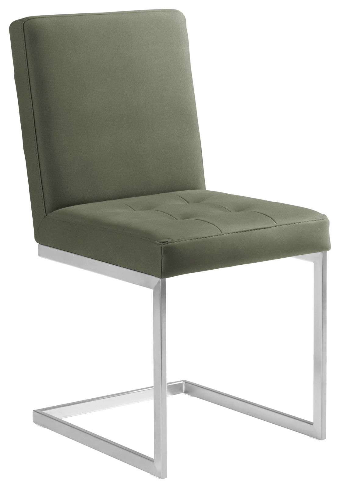 Moderano Freischwinger-Stuhl LUPO II Moderner Freischwinger-Stuhl mit olivgrünem Polster und verchromtem Metallgestell, seitliche Perspektive