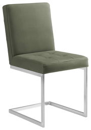 Moderner Freischwinger-Stuhl mit olivgrünem Polster und verchromtem Metallgestell, seitliche Perspektive