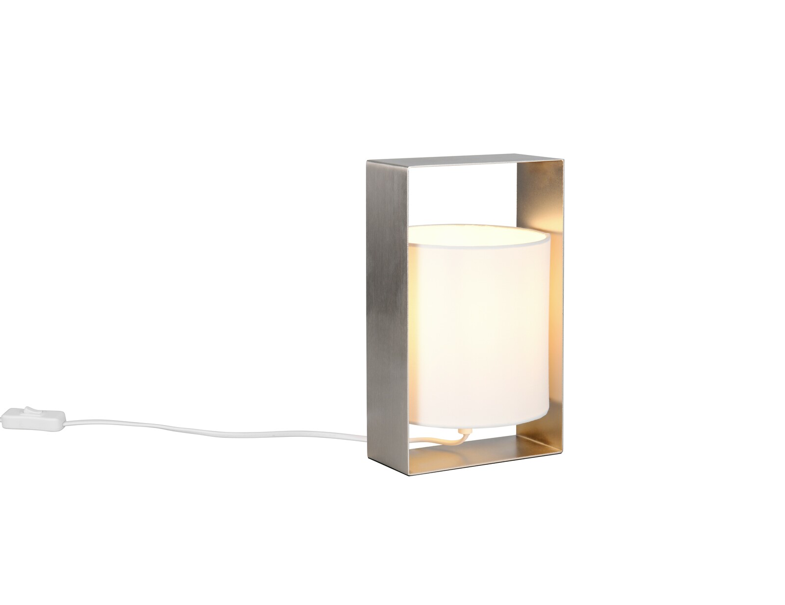 Moderne Tischleuchte mit rechteckigem Metallrahmen und zylindrischem, weißem Lampenschirm, seitliche Perspektive.