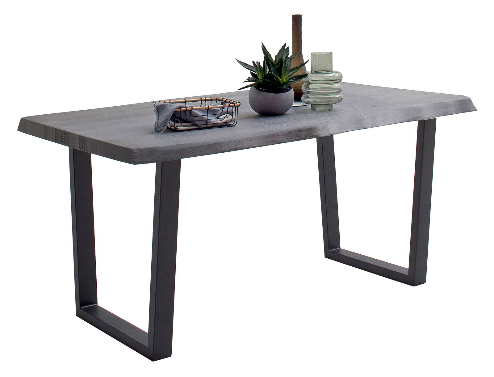 Moderner Esstisch mit rechteckiger Holzplatte und Metallbeinen, seitliche Perspektive