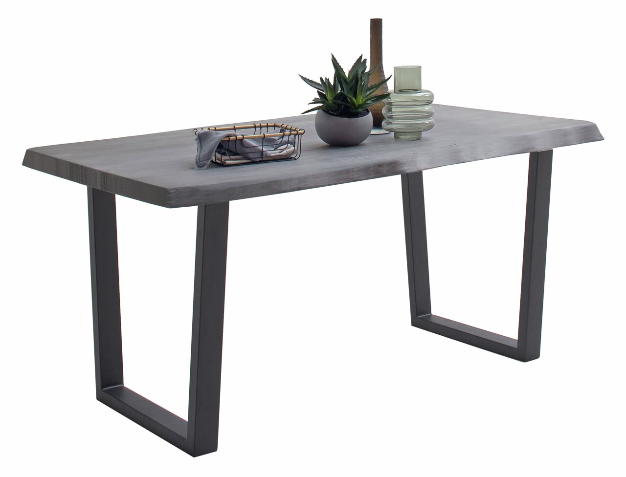 Moderner Esstisch mit rechteckiger Holzplatte und Metallbeinen, seitliche Perspektive