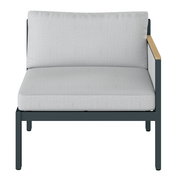 Frontansicht eines Lounge-Sofas mit rechtem Armteil, grauem Polster und dunklem Rahmen.