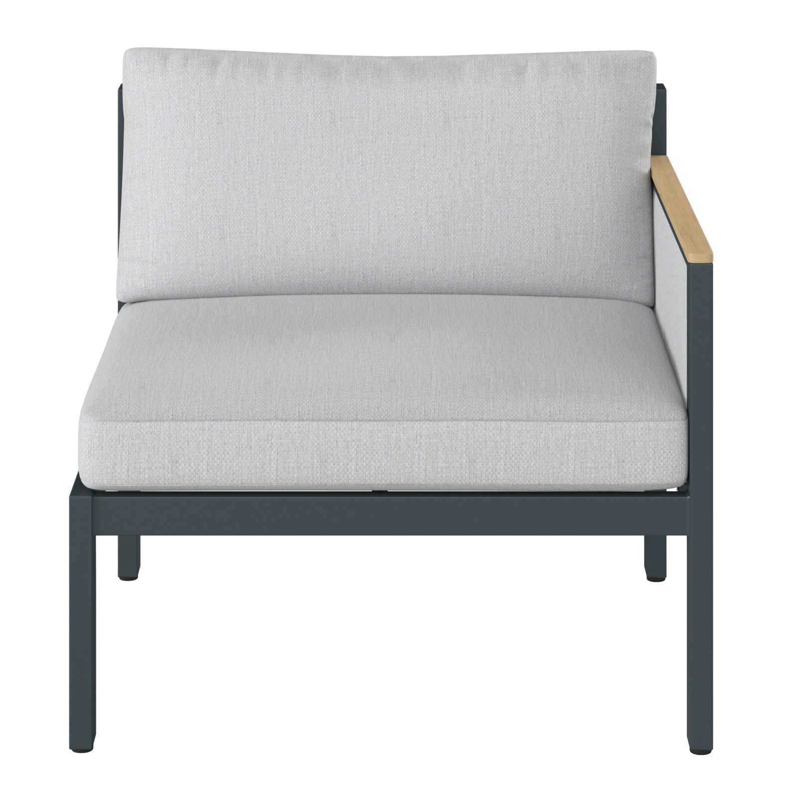 Frontansicht eines Lounge-Sofas mit rechtem Armteil, grauem Polster und dunklem Rahmen.