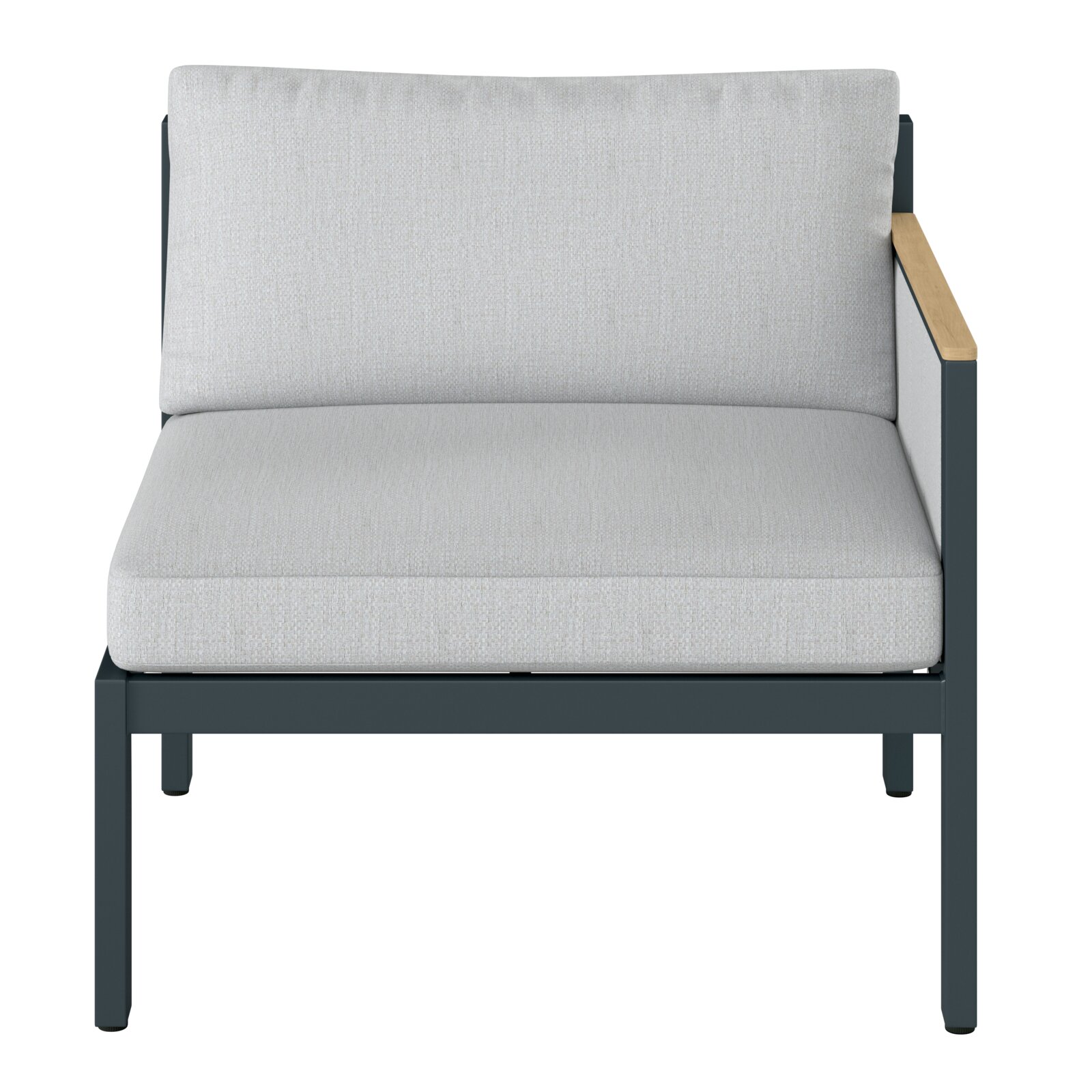 Vooraanzicht van een loungebank met een armleuning aan de rechterkant, grijze bekleding en een donker frame.