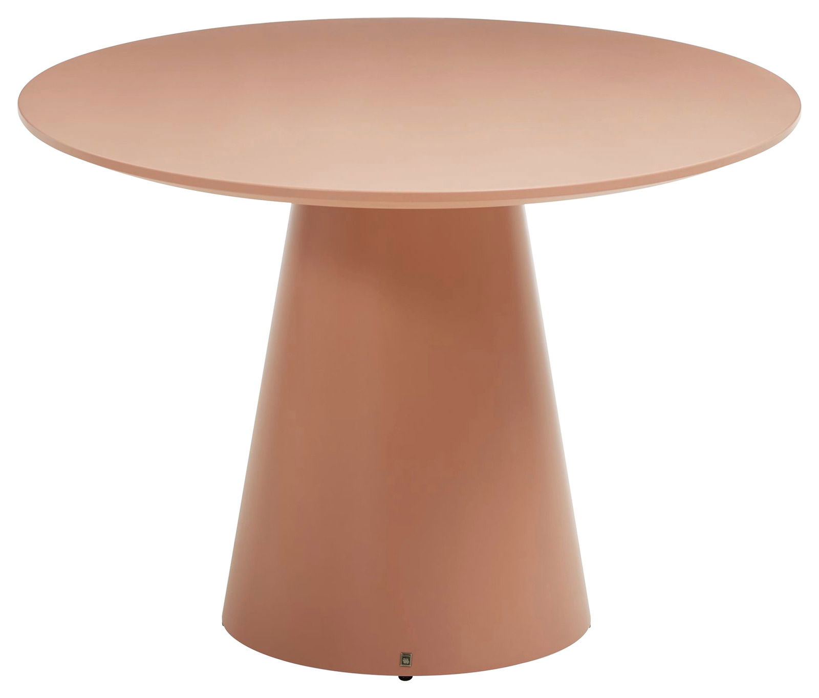 Runder Esstisch in Terrakotta-Farbe mit konischem Fuß, seitliche Perspektive