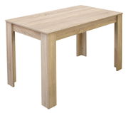 Moderner Esstisch aus hellem Holz in schlichter, rechteckiger Form, seitliche Perspektive