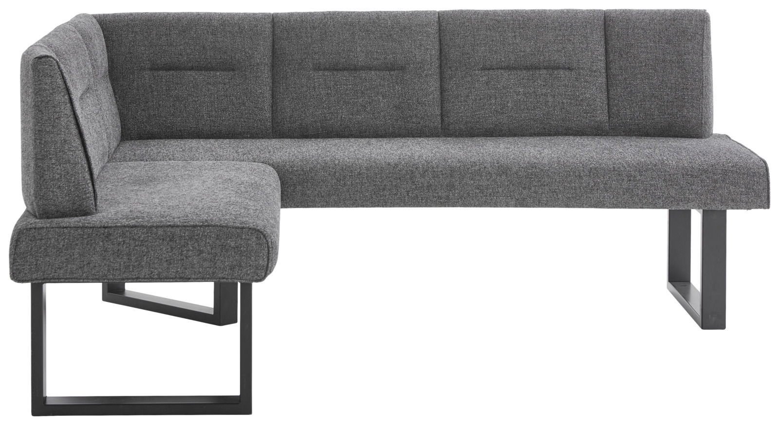 Graue Eckbank KIRA mit modernem Design, Metallbeinen und gepolsterten Sitzflächen, seitliche Perspektive.