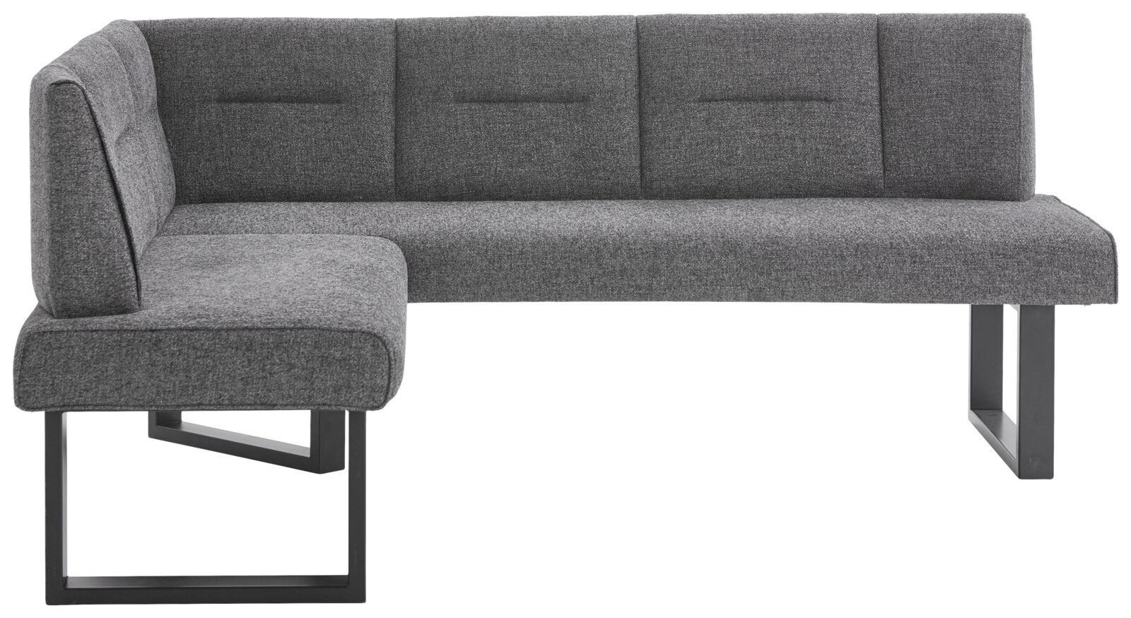 Graue Eckbank KIRA mit modernem Design, Metallbeinen und gepolsterten Sitzflächen, seitliche Perspektive.