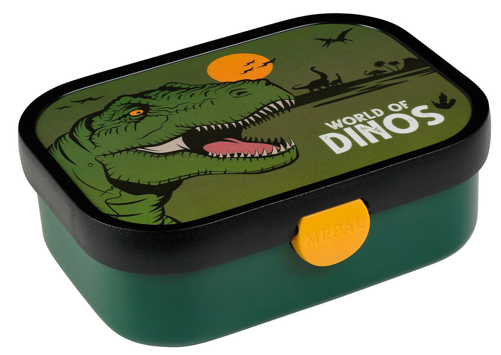 Grüne Lunchbox mit Dinosaurier-Motiv und der Aufschrift 'World of Dinos', seitliche Perspektive