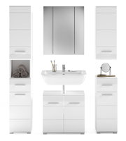 Moderne Badkombination in Weiß mit Spiegel, Waschbecken und Stauraum, frontale Ansicht