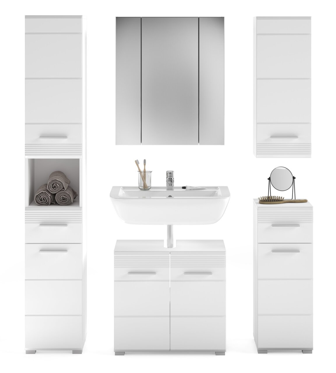 Moderne Badkombination in Weiß mit Spiegel, Waschbecken und Stauraum, frontale Ansicht