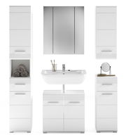 Moderne Badkombination in Weiß mit Spiegel, Waschbecken und Stauraum, frontale Ansicht