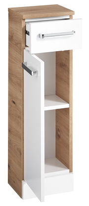 Moderner Unterschrank mit Holzoptik und weißen Fronten, Schublade und Tür geöffnet, seitliche Perspektive