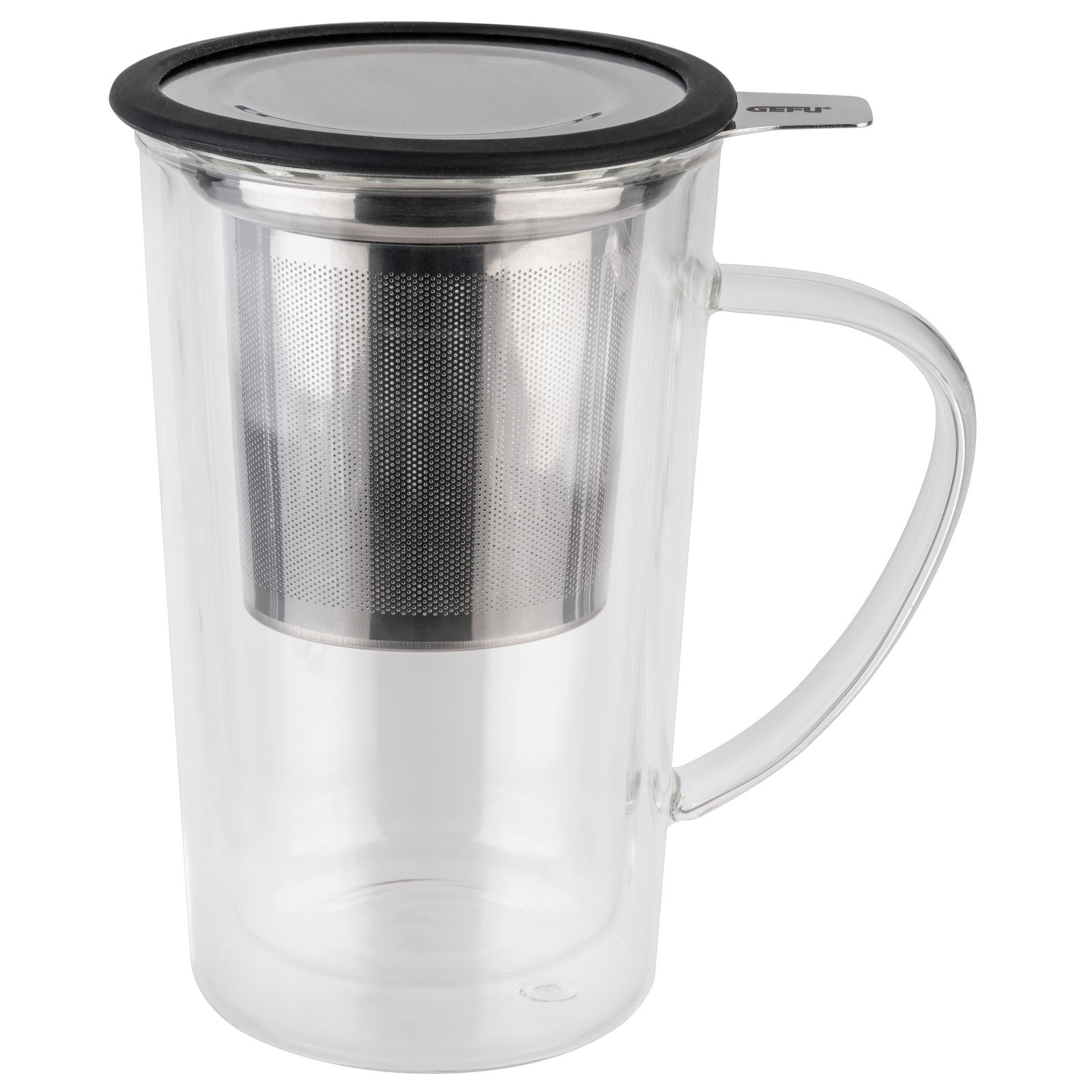 Transparentes Teeglas mit integriertem Edelstahl-Teefilter, seitliche Perspektive