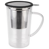Transparentes Teeglas mit integriertem Edelstahl-Teefilter, seitliche Perspektive