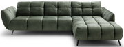 Grünes, gepolstertes Ecksofa mit Steppung, breiten Armlehnen und schwarzen Metallfüßen, Recamiere rechts; Ansicht schräg von vorne