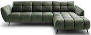 Grünes, gepolstertes Ecksofa mit Steppung, breiten Armlehnen und schwarzen Metallfüßen, Recamiere rechts; Ansicht schräg von vorne