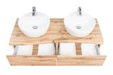 Doppelwaschtisch-Set aus Holz mit zwei runden weißen Waschbecken und offenen Schubladen, Ansicht von oben