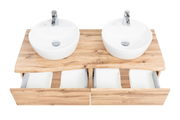 Doppelwaschtisch-Set aus Holz mit zwei runden weißen Waschbecken und offenen Schubladen, Ansicht von oben