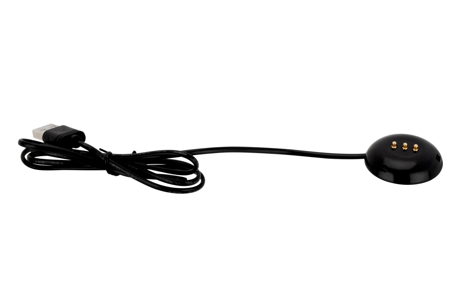 Schwarzes USB-Ladekabel mit rundem Anschluss und drei goldenen Kontakten, seitliche Perspektive