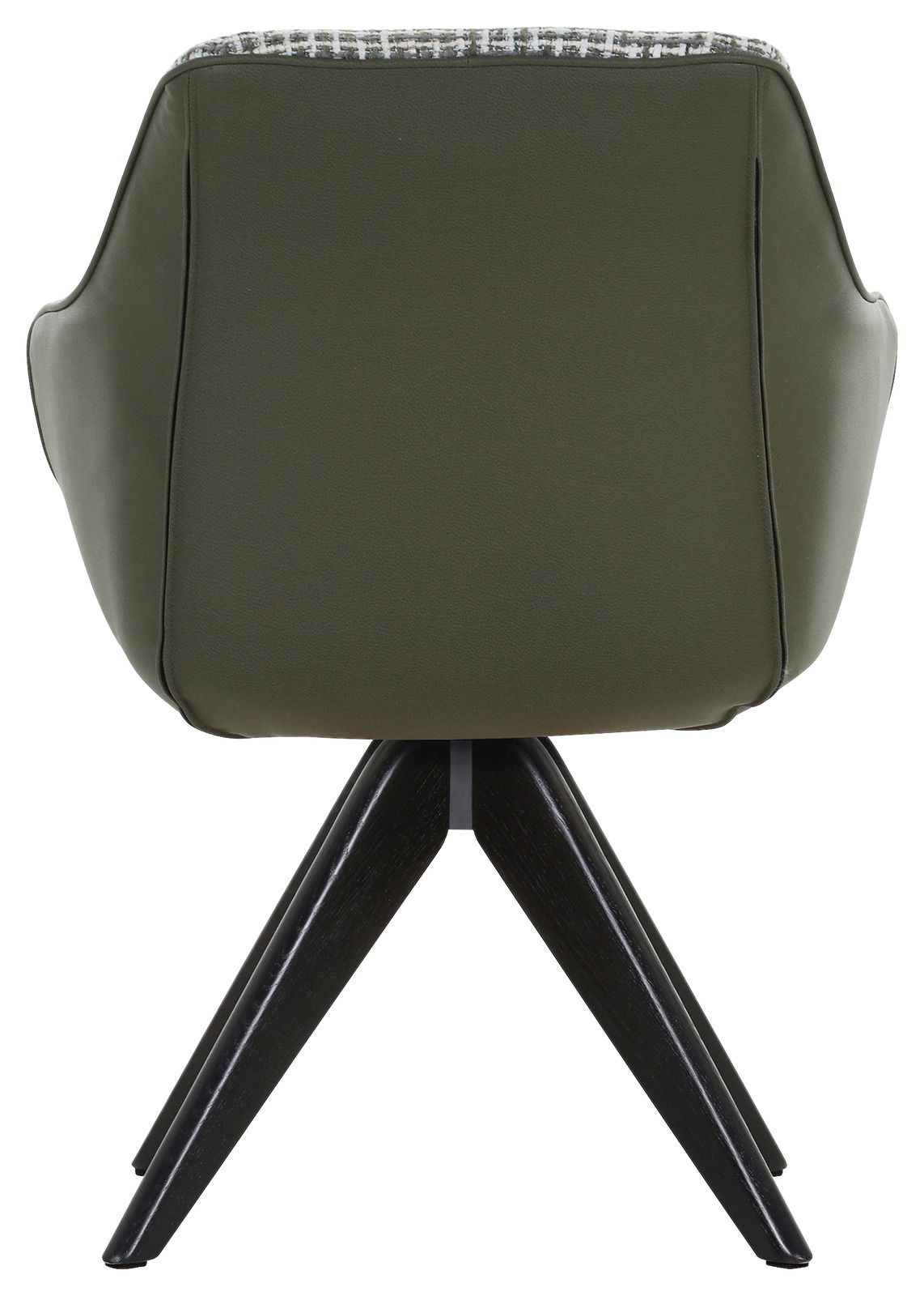 Rückansicht eines grünen Armlehnstuhls mit dunklen Holzbeinen