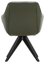 Rückansicht eines grünen Armlehnstuhls mit dunklen Holzbeinen