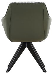 Rückansicht eines grünen Armlehnstuhls mit dunklen Holzbeinen