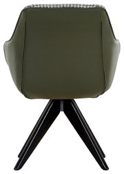 Rückansicht eines grünen Armlehnstuhls mit dunklen Holzbeinen