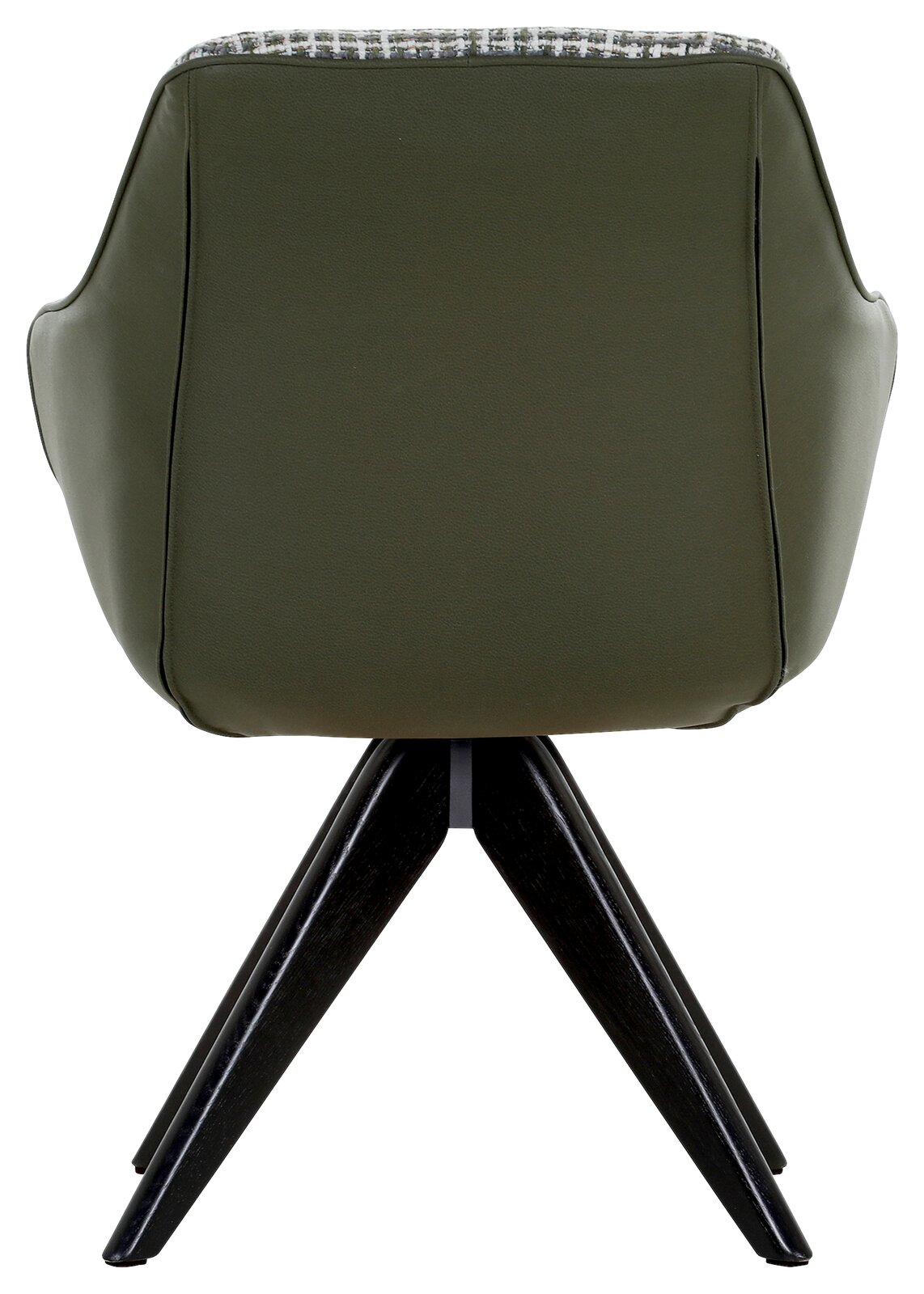 Rückansicht eines grünen Armlehnstuhls mit dunklen Holzbeinen