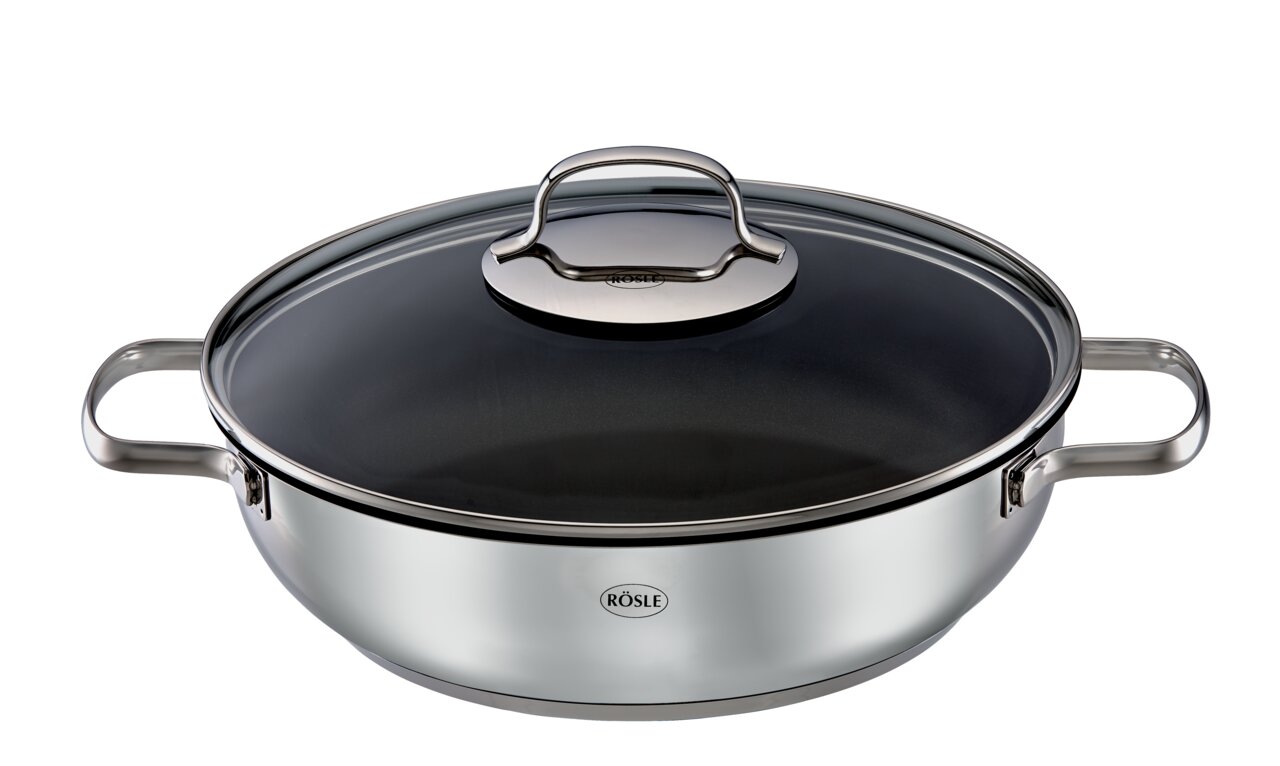 Rösle Servierpfanne 28 cm ELEGANCE Servierpfanne aus Edelstahl mit Glasdeckel, seitliche Perspektive