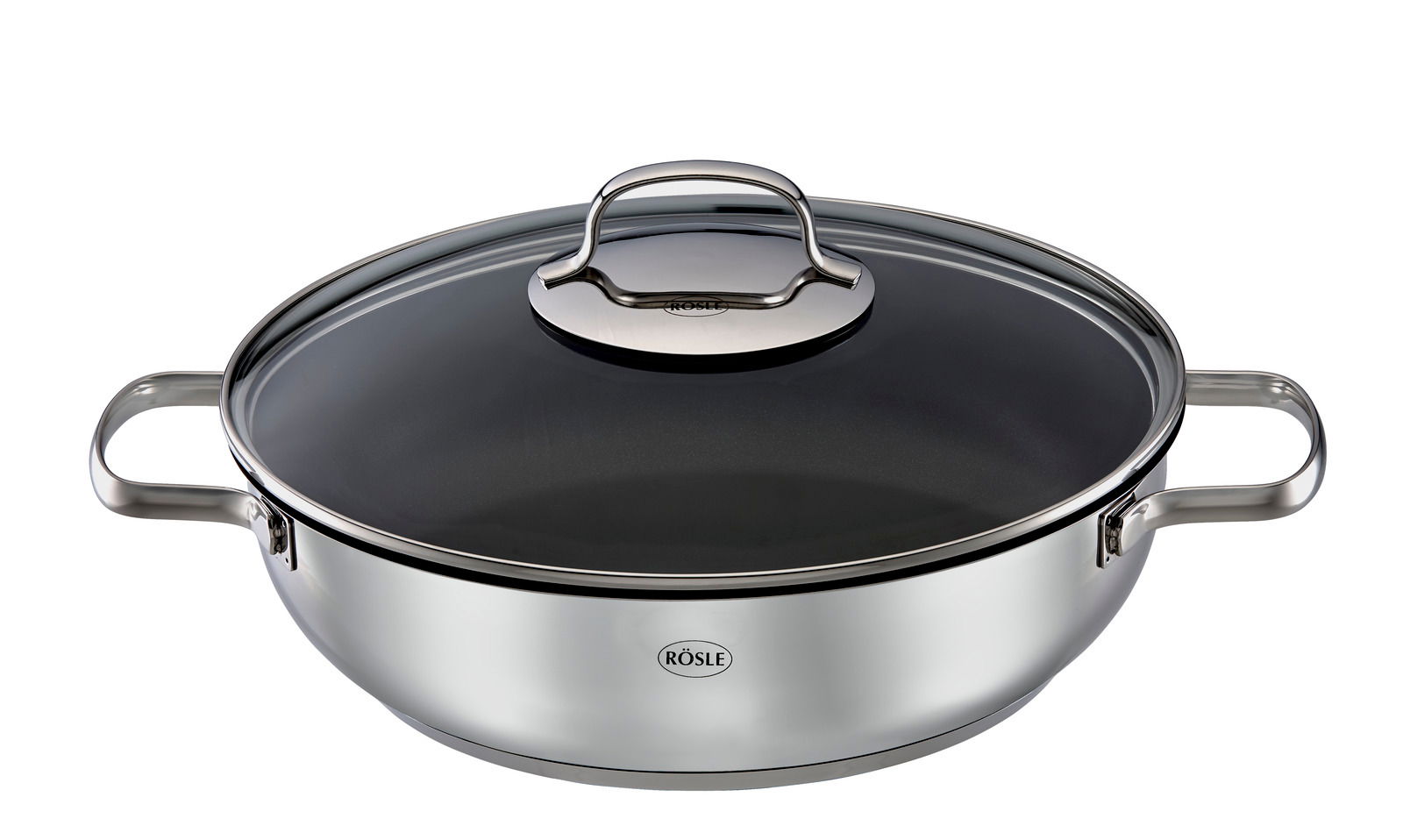 Servierpfanne aus Edelstahl mit Glasdeckel, seitliche Perspektive