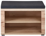 Garderobenbank aus Holz mit zwei offenen Ablagefächern und gepolstertem Sitzkissen, Frontalansicht