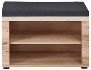 Garderobenbank aus Holz mit zwei offenen Ablagefächern und gepolstertem Sitzkissen, Frontalansicht