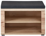 Garderobenbank aus Holz mit zwei offenen Ablagefächern und gepolstertem Sitzkissen, Frontalansicht