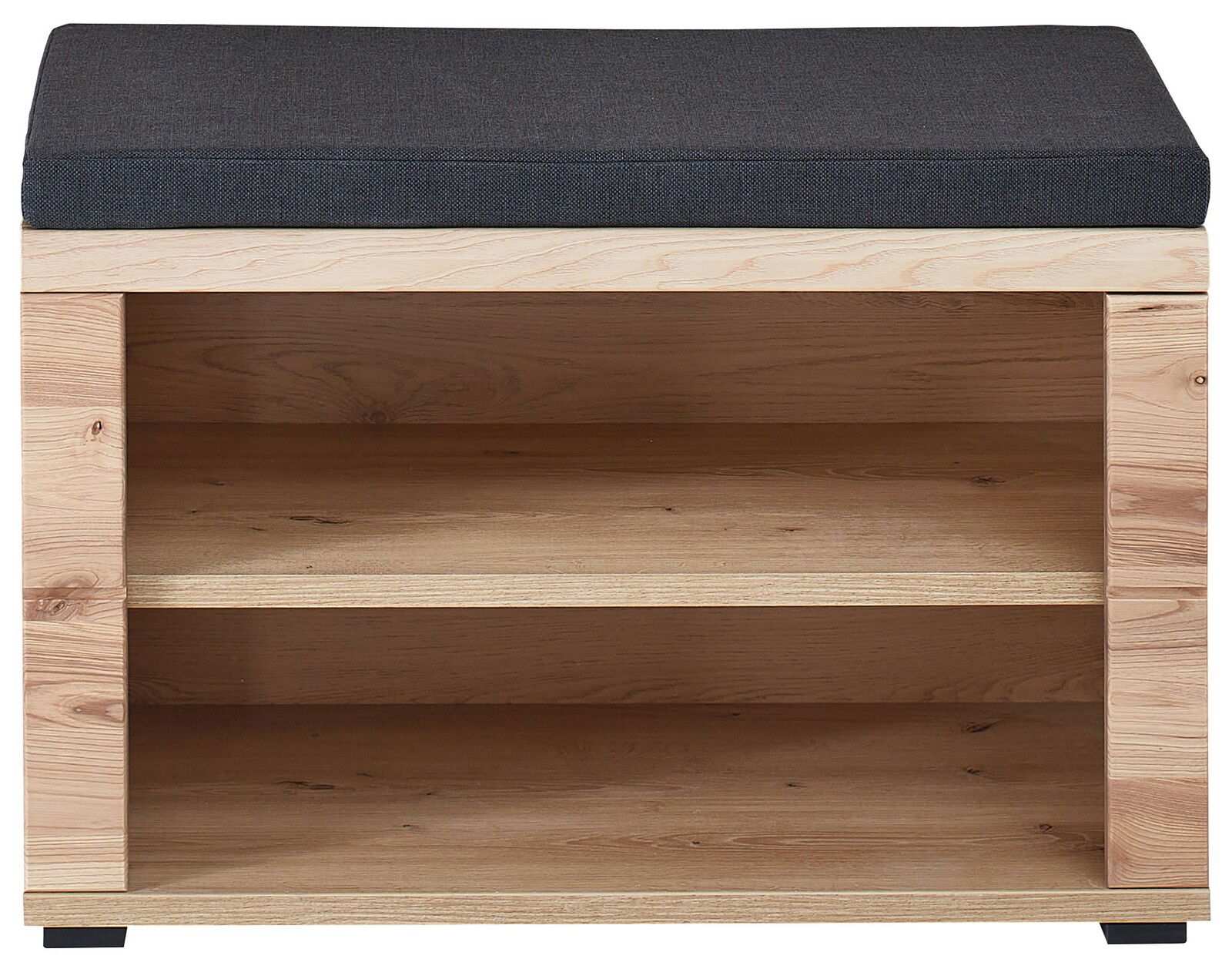 Garderobenbank aus Holz mit zwei offenen Ablagefächern und gepolstertem Sitzkissen, Frontalansicht