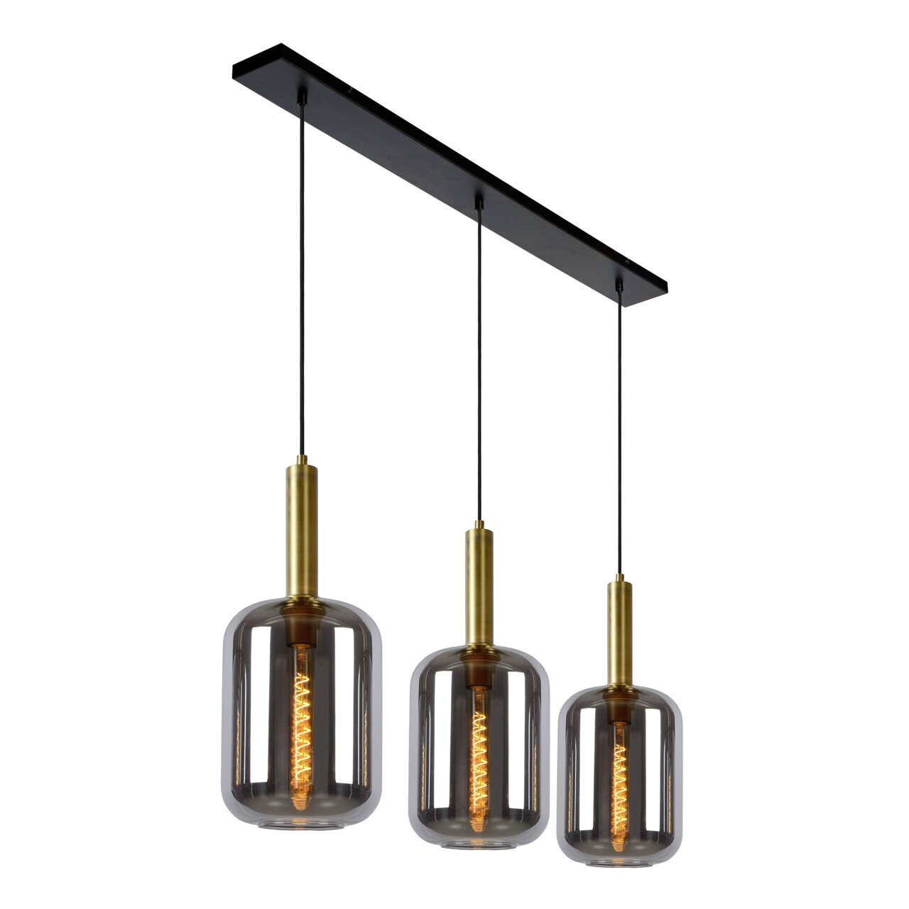 Drei moderne Pendelleuchten JOANET mit rauchgrauen Glaskörpern und goldenen Fassungen, von unten betrachtet.