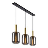 Drei moderne Pendelleuchten JOANET mit rauchgrauen Glaskörpern und goldenen Fassungen, von unten betrachtet.