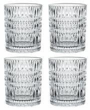 Vier transparente Becher mit Ethno-Muster, frontal abgebildet.