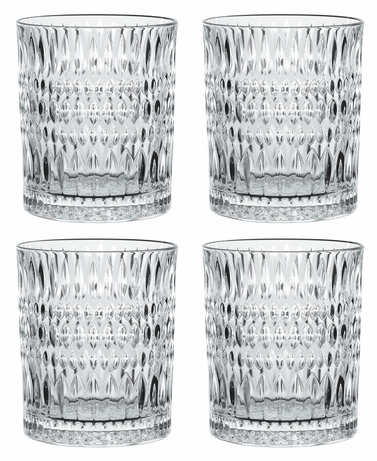 Vier transparente Becher mit Ethno-Muster, frontal abgebildet.