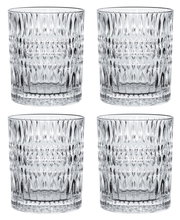 Vier transparente Becher mit Ethno-Muster, frontal abgebildet.