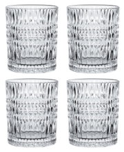 Vier transparente Becher mit Ethno-Muster, frontal abgebildet.