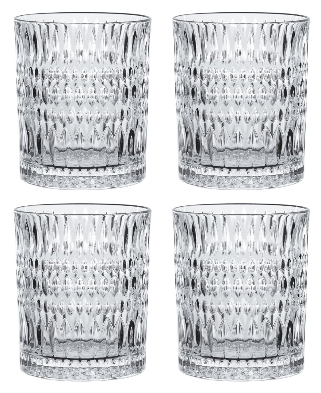 Vier transparente Becher mit Ethno-Muster, frontal abgebildet.