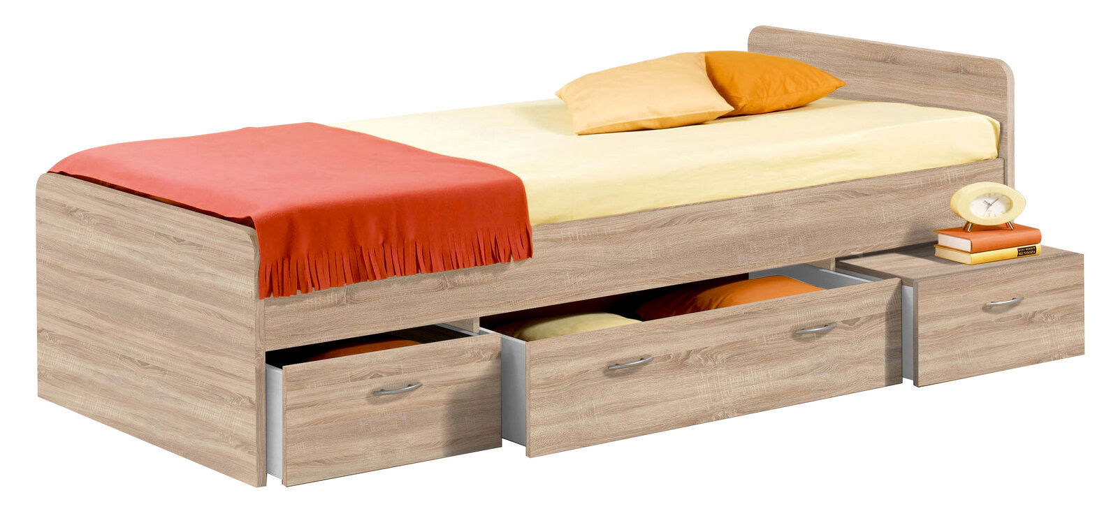 Jugendbett aus Holz mit drei Schubladen, gelber Matratze und orangen Kissen, seitliche Perspektive