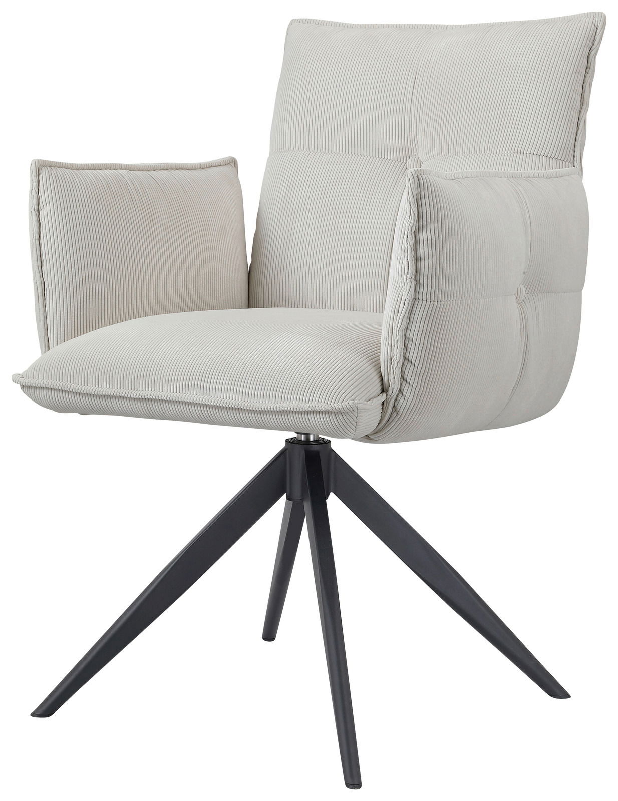 Moderner Armlehnstuhl COCO mit hellgrauem Stoffbezug und schwarzem Metallgestell, seitliche Perspektive