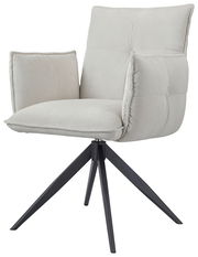 Moderner Armlehnstuhl COCO mit hellgrauem Stoffbezug und schwarzem Metallgestell, seitliche Perspektive