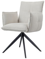 Moderner Armlehnstuhl COCO mit hellgrauem Stoffbezug und schwarzem Metallgestell, seitliche Perspektive